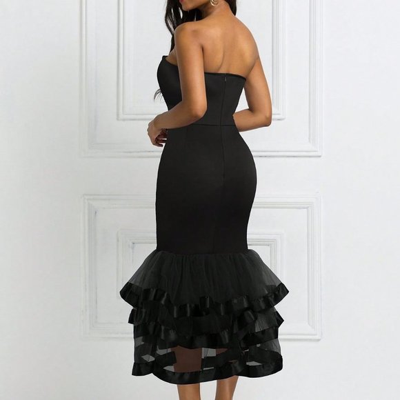 Black Preppy Womens Contrast Mesh Mermaid Hem Tube Dress - Picture 2 of 5